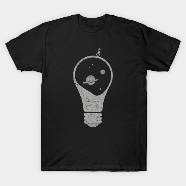 Light Bulb - Space, Stars, Planets, Saturn and little space rocket T-Shirt by ORENOB